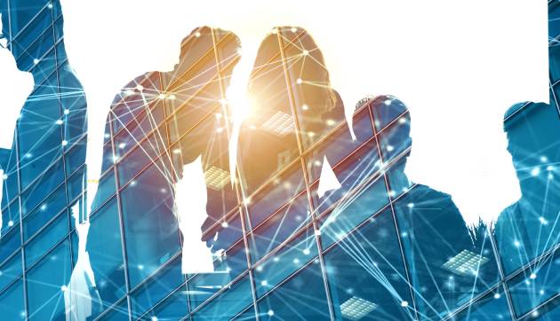 Business people work together in office with network effect. Concept of teamwork and partnership. double exposure